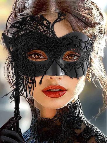 Yokawe Black Masquerade Mask with Stick Lace Handheld Ball Masks Mardi Gras Costume for Women in Saudi Arabia