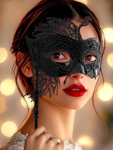 Yokawe Black Masquerade Mask with Stick Lace Handheld Ball Masks Mardi Gras Costume for Women in Saudi Arabia
