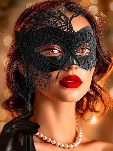 Yokawe Black Masquerade Mask with Stick Lace Handheld Ball Masks Mardi Gras Costume for Women in Saudi Arabia