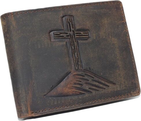 محفظة RFID للرجال – تصميم كريستيان كروس، جلد عتيق ثنائي الطي (بني) in Kuwait