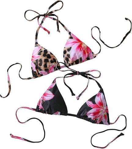 OYOANGLE Women's 2 Pack Boho Floral Triangle Bikini Tops Set Halter String Swimsuit Top Only in Saudi Arabia