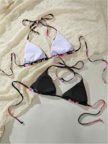 OYOANGLE Women's 2 Pack Boho Floral Triangle Bikini Tops Set Halter String Swimsuit Top Only in Saudi Arabia