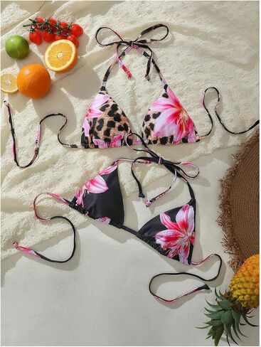 OYOANGLE Women's 2 Pack Boho Floral Triangle Bikini Tops Set Halter String Swimsuit Top Only in Saudi Arabia