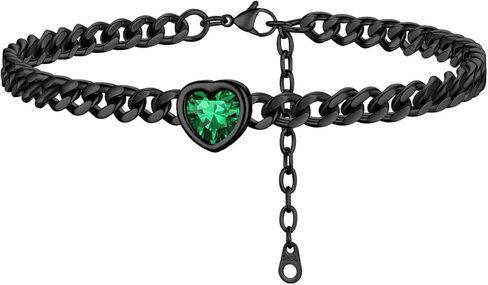 ChainsProMax Women Heart Anklets 5MM Cuban Link Ankle Bracelet with Birthstone, Black-Send Gift Box in Kuwait