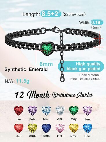 ChainsProMax Women Heart Anklets 5MM Cuban Link Ankle Bracelet with Birthstone, Black-Send Gift Box in Kuwait