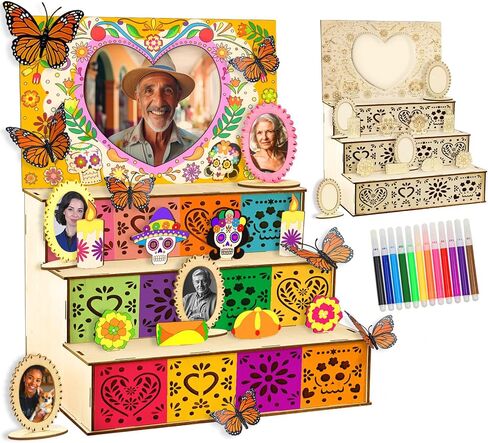 OurWarm Day of The Dead Ofrenda Altar Mini Ofrenda Wooden Box Set Decorations, Dia De Los Muertos Altar Photo Frame Remembrance Memory Shadow Gift Supplies for Day of the Dead Home Decorations in Saudi Arabia