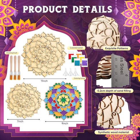 9 Pcs 7" 9" 11" Diwali Mandala Sand Art Kit Reusable Rangoli Mats for Decoration Wooden DIY Floral Rangoli Stencils with Brush for Home Indian Festivals Party Decoration Supplies(No Sand) in Saudi Arabia