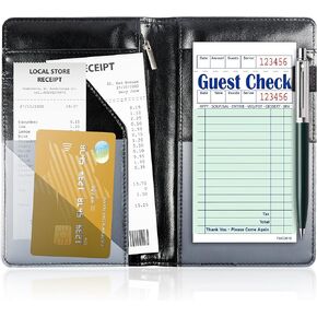 GREEN LIFESTYLE Server Book for Waiter - Leather Black, Server books for Waitress, Organizer with Zipper and Pen Holder - Waiter Holder for Cards, Receipt, Cash and Bills