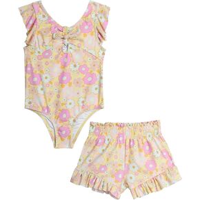 Jessica Simpson Girls' Bathing Suit Set - UPF 50+ 3 Piece One Piece Swimsuit, High Waisted Shorts - Swimwear Set for Girls