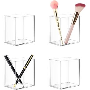 Dingelex 4 Pack Clear Acrylic Pen Pencil Holder Cup, Clear Makeup Brush Holder Acrylic Desk Accessories Square Stationary Organizer for Office School Home