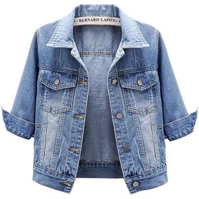 Women's Short Denim Jacket Round Neck Denim Three Quarter Sleeves Light Blue Jacket