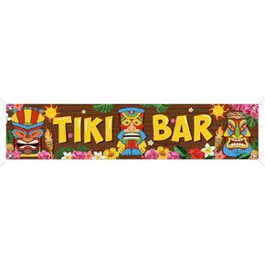 Luau Party Decoration Tiki Bar Banner Tiki Decoration Hawaii Party Tropical Banner Tiki Totem Tiki Bar Aloha Scene Setters for Hibiscus Decorations Carnival Wooden House Barn Backdrop, 15.7 x 72 Inch