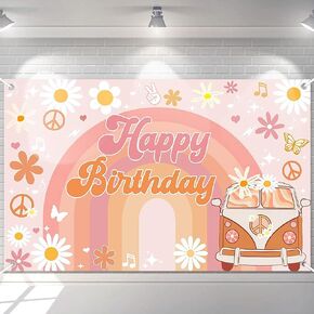 Avezano Groovy Birthday Banner for Retro Hippie Birthday Party Decorations Girls Daisy Flower Boho Rainbow Theme Photoshoot Backdrops 70.8 x 43.3 Inch