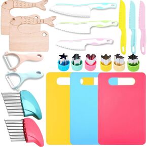 21 Pcs Montessori Kitchen Tools for Toddlers-Kids Cooking Sets Real-Toddler Safe Knives Set for Real Cooking with Toddler Safe Knives Crinkle Cutter Kids Cutting Board Toddler Birthday Gift Christmas.