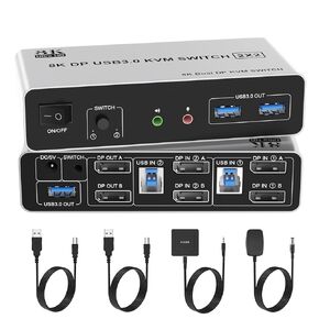 8K KVM Switch 2 Monitors 2 Computers DisplayPort, 8K@60Hz DP 1.4 Dual Monitor KVM Switch for 2 Computer Share 2 Monitor, Audio Mic Port and 3 USB3.0 Devices Support Extended and Copy Mode