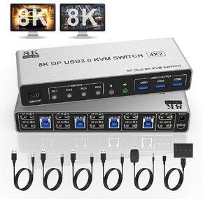8K @ 60 هرتز Displayport USB 3.0 KVM Switch 2 شاشات لـ 4 أجهزة كمبيوتر 8K @ 60 هرتز 4K @ 144 هرتز، DP1.4 شاشة مزدوجة Displayport KVM Switch 4 منافذ مع مخرج صوت و3 USB 3.0، 8K DP مراقب التبديل لـ 4 أجهزة كمبيوتر in Kuwait