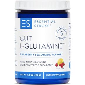 Essential Stacks Flavored Gut L-Glutamine Powder (Raspberry Lemonade) - Sugar Free & Gluten Free - Made with Organic Raspberry & Lemon Flavors (50 Servings)