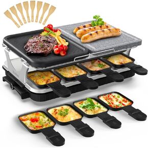 Korean BBQ Dual Raclette Table Hibachi Electric Indoor Grill 2 in 1 Non-stick Grilling Plate & Natural Marble Cooking Stone, Temperature Adjustable w/ 8 Pans and 8 Wooden Spatulas in Kuwait