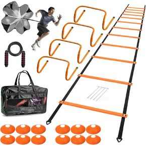 Agility Ladder Speed Agility Training Equipment,1 Agility Ladder 20ft,4 Hurdles,Training Soccer Cones,Jump Rope,Running Parachute, Agility Training Equipment for Kids Youth Adul (Orange)