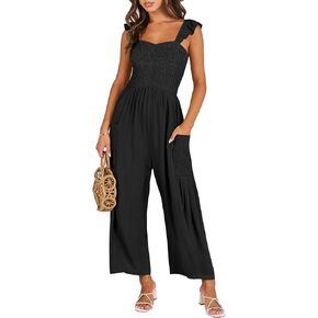 ANRABESS Women Summer Casual Dressy Sleeveless Smocked Wide Leg Linen Jumpsuits Rompers Outfits with Pockets in Kuwait