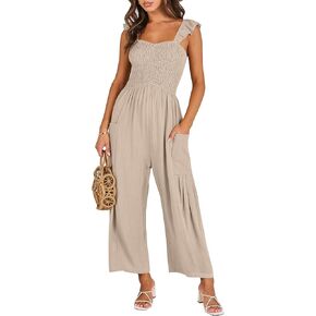 ANRABESS Women Summer Casual Dressy Sleeveless Smocked Wide Leg Linen Jumpsuits Rompers Outfits with Pockets