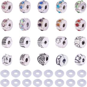 PH PandaHall 20 Pcs Clip Lock Bead Charms Large Hole Beads Clip on Beads with 20 Pcs Silicon Rubber Stopper O-Rings Fit European Style Bracelet for DIY Bracelet Jewelry Making