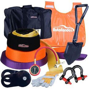 مجموعة أدوات سحب السحب الحركية 11 - مجموعة أدوات الاسترداد للطرق الوعرة 4 × 4، 3 أشرطة خطف، 2 أغلال على شكل حرف D، كتلة خطف، مجرفة بقاء قابلة للطي، جهاز تفريغ الهواء من الإطارات، قفازات جلدية، أداة ترطيب الونش، حقيبة تروس، حبل سحب عالي التحمل in Kuwait