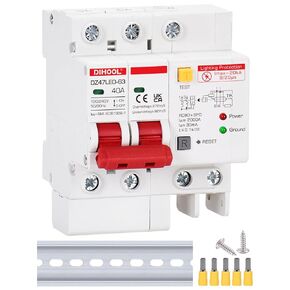 DIHOOL Ground Fault Circuit Breaker with Voltage Surge Arrester Protection, 32Amp, 2 Poles, AC 120V-240V, DIN Rail Mount Residual Current Circuit Breaker