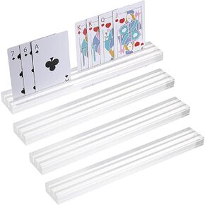 OwnMy Set of 4 Clear Acrylic Playing Card Holders Playing Card Racks with Dual Grooves, Playing Card Holder Stands with 2 Card Slots Playing Card Decks for Kids Seniors Card Game Organizer Accessories