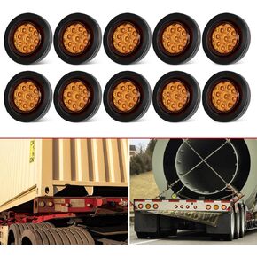 10PCS 2" Inch Round Amber Trailer LED Side Marker Clearance Lights Kit Waterproof 9 LED w/Grommets and 2 Prong Pigtails for 12V Truck Trailer RV Van Boat