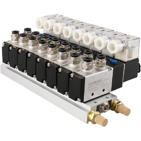 Baomain Solenoid Valve 4V210-08 DC 24V PT1/4 2 Position 5 Way 8 Space Manifold with Base Muffler Quick Fittings Set
