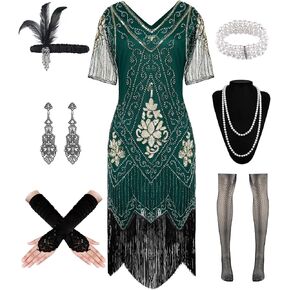 WILDPARTY 1920S Women Flapper Dress Sequin Dress V Neck Lace Fringed Dress Costume With Roaring 20s Accessories