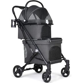 T1 Double Pet Stroller for 2 Small Dogs or Cats Lightweight Foldable Double Dog Stroller with Detachable Carrier for Travel Camping (Black)