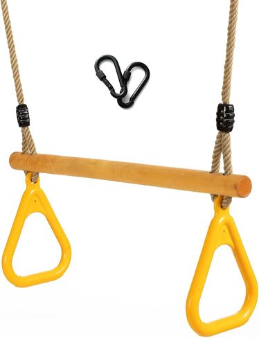 Wooden Trapeze with Plastic Gym Rings Trapeze Swing Bar with Adjustable Rope for Indoor Playground 2 in 1 Swing Set Yellow in Saudi Arabia