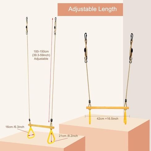 Wooden Trapeze with Plastic Gym Rings Trapeze Swing Bar with Adjustable Rope for Indoor Playground 2 in 1 Swing Set Yellow in Saudi Arabia