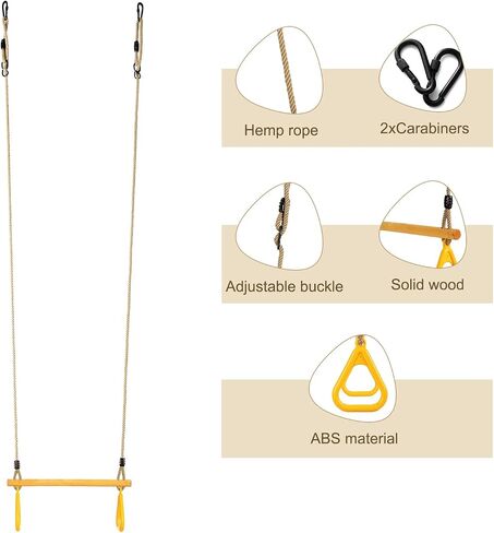 Wooden Trapeze with Plastic Gym Rings Trapeze Swing Bar with Adjustable Rope for Indoor Playground 2 in 1 Swing Set Yellow in Saudi Arabia
