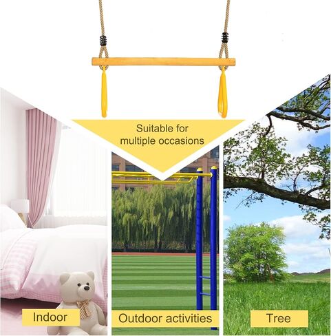 Wooden Trapeze with Plastic Gym Rings Trapeze Swing Bar with Adjustable Rope for Indoor Playground 2 in 1 Swing Set Yellow in Saudi Arabia