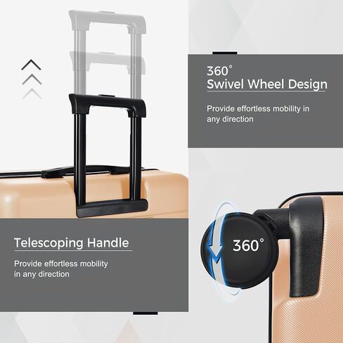 طقم بدلة من 3 قطع من Merax، حقيبة أمتعة صلبة مع عجلات دوارة، قفل TSA خفيف الوزن، أسود وشمبانيا، 20/24/28 بوصة in Kuwait