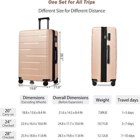 طقم بدلة من 3 قطع من Merax، حقيبة أمتعة صلبة مع عجلات دوارة، قفل TSA خفيف الوزن، أسود وشمبانيا، 20/24/28 بوصة in Kuwait