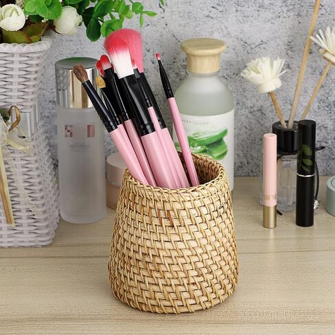 BTSKY Rattan Pen Cup, Handmade Desk Pencil Holders Makeup Brush Holder Multi-Functional Woven Basket Office&Home Desktop Organizer(Cone) in Saudi Arabia