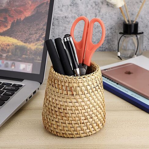 BTSKY Rattan Pen Cup, Handmade Desk Pencil Holders Makeup Brush Holder Multi-Functional Woven Basket Office&Home Desktop Organizer(Cone) in Saudi Arabia