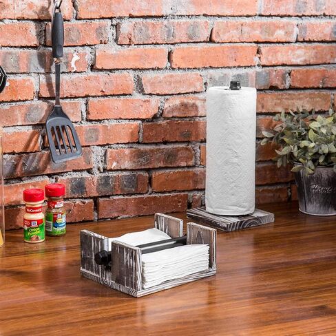 MyGift Torched Wood and Industrial Metal Paper Towel and Napkin Holder Set, Countertop Paper Towel Holder and Flat Napkin Holder with Weighted Arm in Saudi Arabia