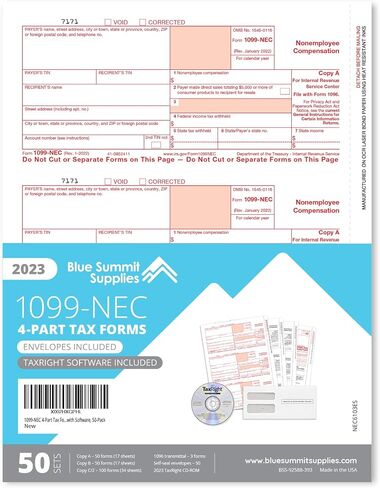 Blue Summit Supplies 1099-NEC 4 Part Tax Form Bundle 2023 with TaxRight CD-ROM (Formerly Called TFP), Includes Self-Seal Envelopes, Designed for QuickBooks and Accounting Software, 50 Pack in Saudi Arabia