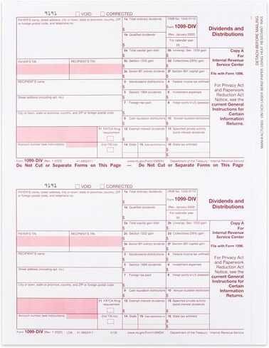 1099-DIV Income, Laser Tax Form, Federal Copy A ~Pack of 25 sheets~ 2023 in Kuwait