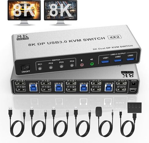 8K @ 60 هرتز Displayport USB 3.0 KVM Switch 2 شاشات لـ 4 أجهزة كمبيوتر 8K @ 60 هرتز 4K @ 144 هرتز، DP1.4 شاشة مزدوجة Displayport KVM Switch 4 منافذ مع مخرج صوت و3 USB 3.0، 8K DP مراقب التبديل لـ 4 أجهزة كمبيوتر in Kuwait