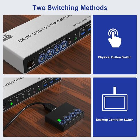 8K @ 60 هرتز Displayport USB 3.0 KVM Switch 2 شاشات لـ 4 أجهزة كمبيوتر 8K @ 60 هرتز 4K @ 144 هرتز، DP1.4 شاشة مزدوجة Displayport KVM Switch 4 منافذ مع مخرج صوت و3 USB 3.0، 8K DP مراقب التبديل لـ 4 أجهزة كمبيوتر in Kuwait