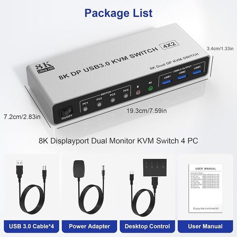 8K @ 60 هرتز Displayport USB 3.0 KVM Switch 2 شاشات لـ 4 أجهزة كمبيوتر 8K @ 60 هرتز 4K @ 144 هرتز، DP1.4 شاشة مزدوجة Displayport KVM Switch 4 منافذ مع مخرج صوت و3 USB 3.0، 8K DP مراقب التبديل لـ 4 أجهزة كمبيوتر in Kuwait