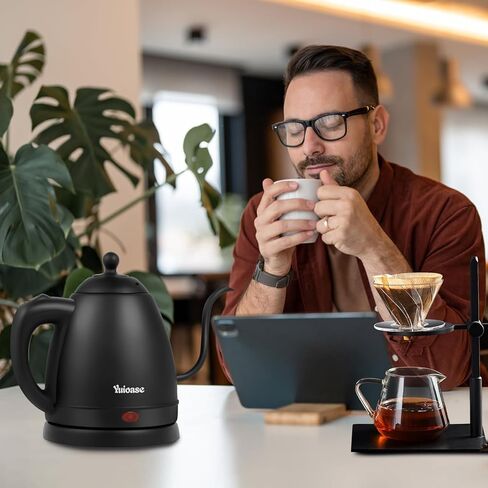 غلاية كهربائية معقوفة، غلاية قهوة من الفولاذ المقاوم للصدأ، إيقاف تلقائي، غلاية مياه مضادة للجفاف، صب القهوة والشاي، غلاية تسخين سريعة 1.0 لتر - 1000 وات باللون الأسود غير اللامع من YUIOASE in Kuwait