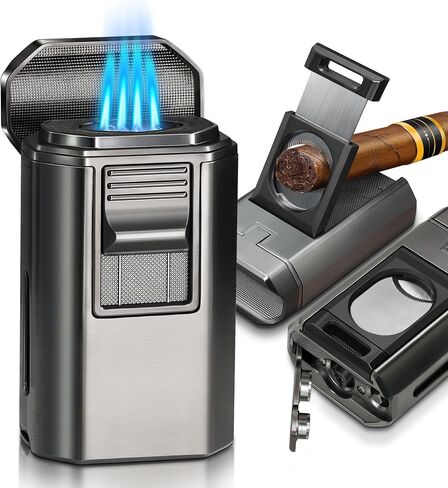 Cigar Lighter and Cutter, Powerful 4 Jet Flame Torch Lighters, with Punch Built in, Big Holder, Cigar lighters Set, Thanksgiving Christmas Day Gift (NO Gas) in Saudi Arabia