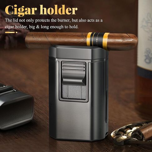 Cigar Lighter and Cutter, Powerful 4 Jet Flame Torch Lighters, with Punch Built in, Big Holder, Cigar lighters Set, Thanksgiving Christmas Day Gift (NO Gas) in Saudi Arabia